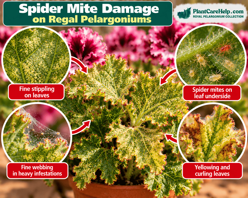 Fine stippling and webbing caused by spider mites on Regal Pelargonium leaves