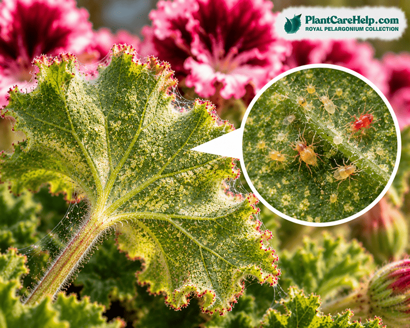 Spider mites and fine webbing on Regal Pelargonium foliage