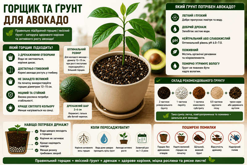 Горщик та ґрунт для авокадо