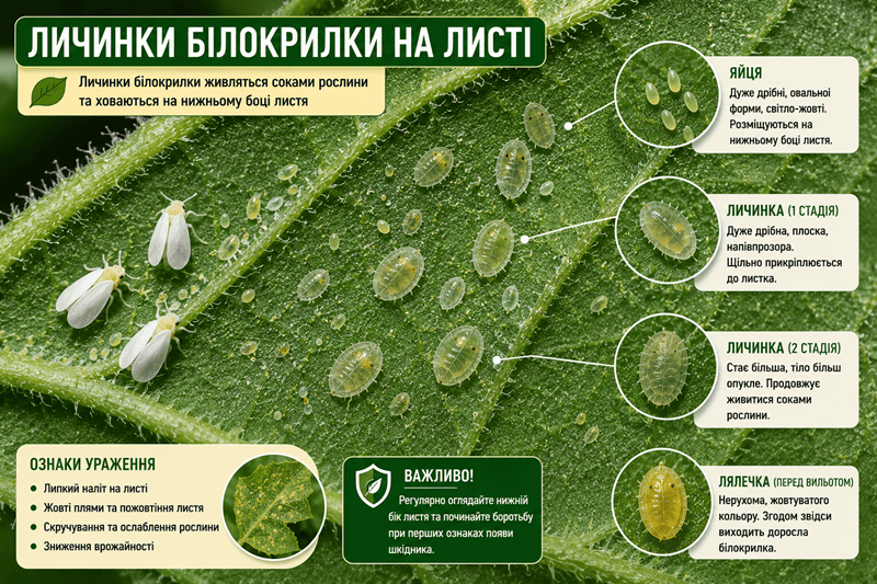 Личинки білокрилки на листі