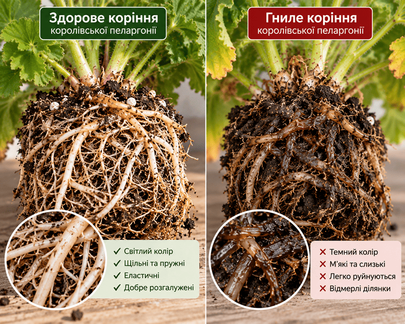 Здорове та гниле коріння королівської пеларгонії
