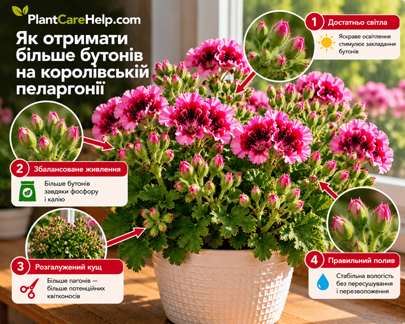 Королівська пеларгонія з великою кількістю бутонів